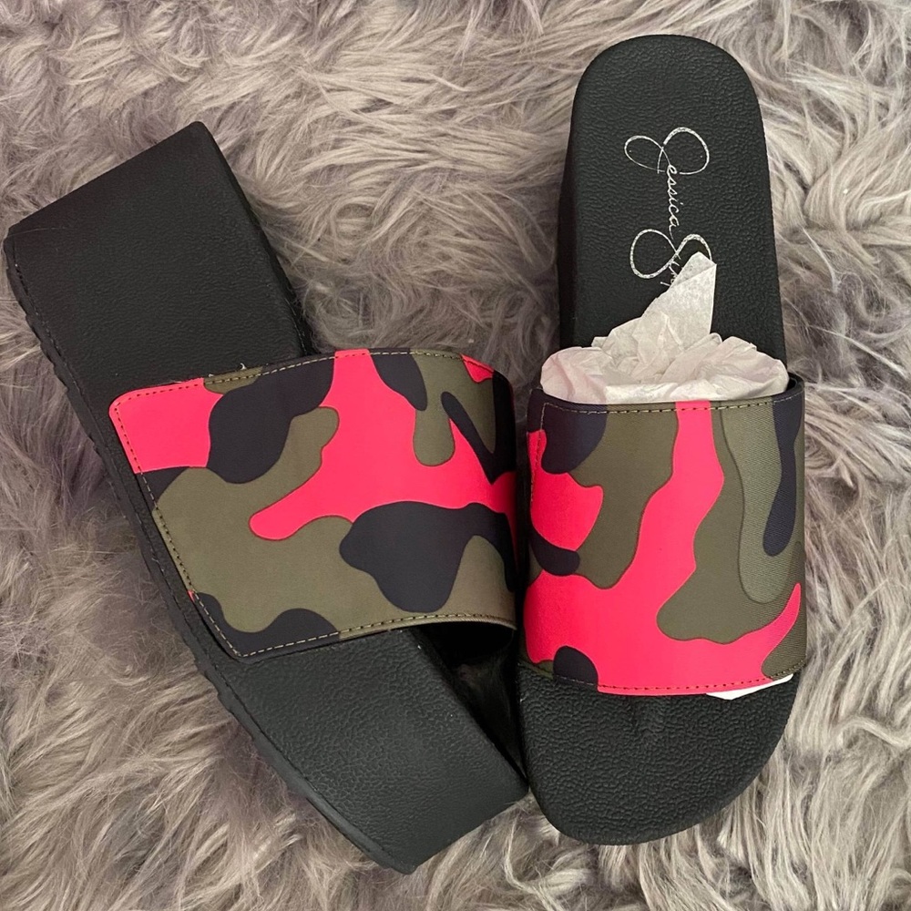 Pink and Green Army Fatigue Platform Slide sandal